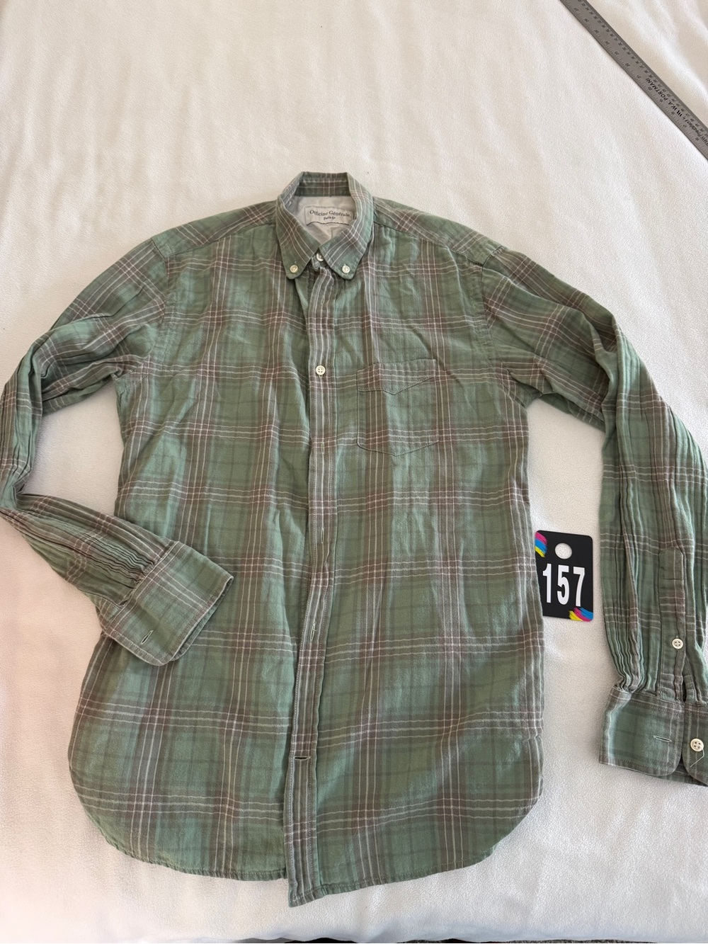 Officine Generale Olive Green Plaid Button-Down Shirt